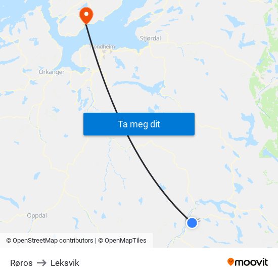 Røros to Leksvik map