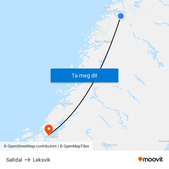 Saltdal to Leksvik map