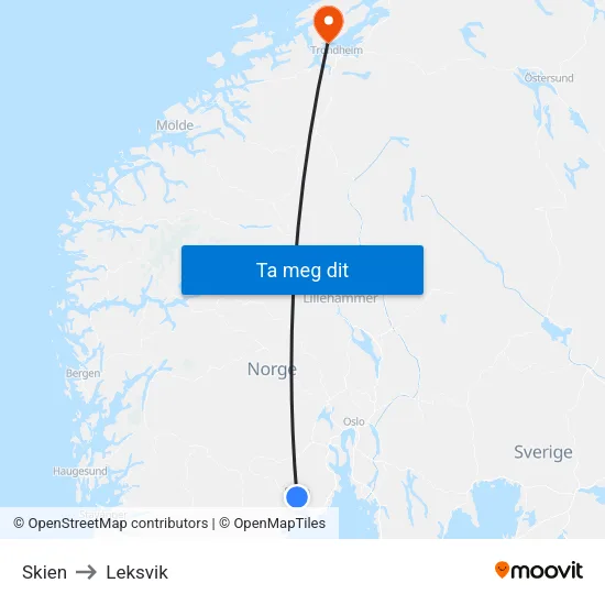 Skien to Leksvik map