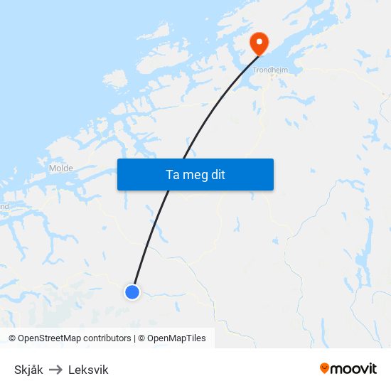 Skjåk to Leksvik map