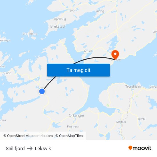 Snillfjord to Leksvik map