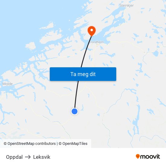 Oppdal to Leksvik map