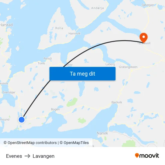 Evenes to Lavangen map