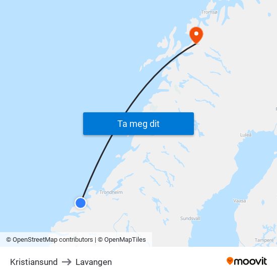 Kristiansund to Lavangen map