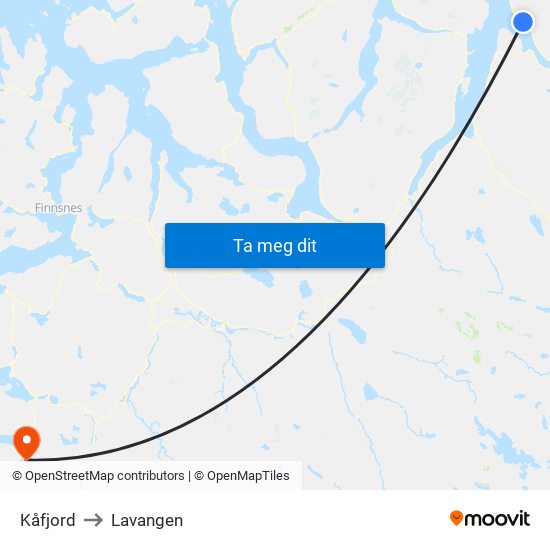 Kåfjord to Lavangen map