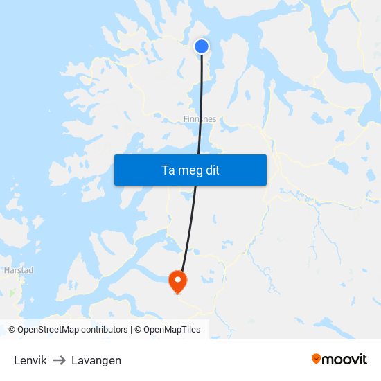Lenvik to Lavangen map