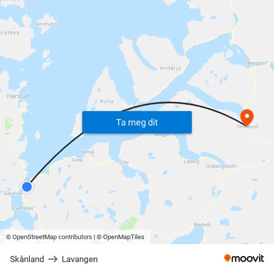 Skånland to Lavangen map