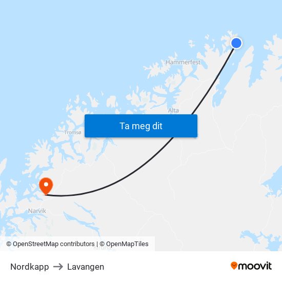 Nordkapp to Lavangen map