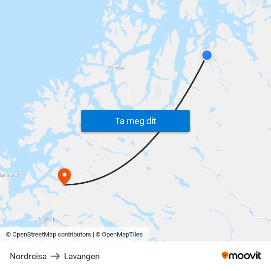 Nordreisa to Lavangen map