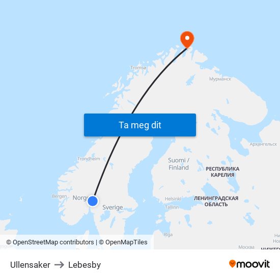 Ullensaker to Lebesby map