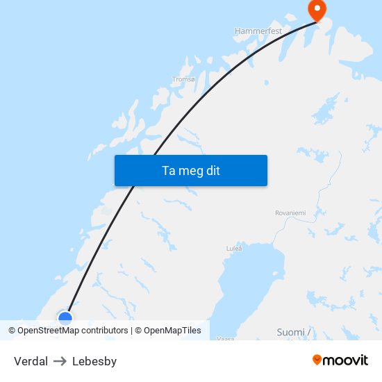 Verdal to Lebesby map