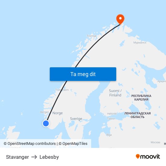 Stavanger to Lebesby map