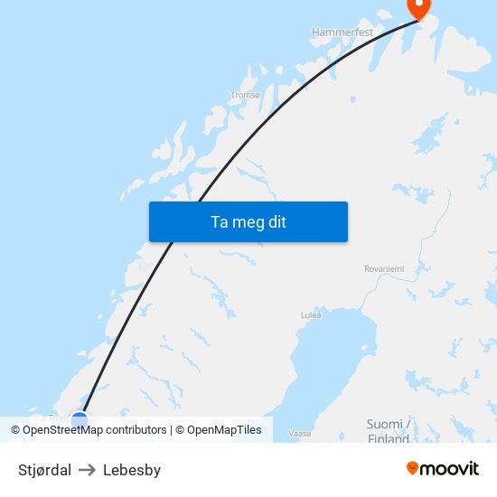 Stjørdal to Lebesby map