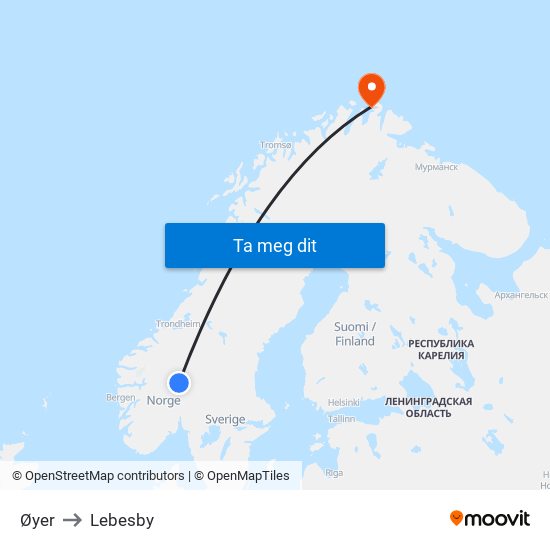 Øyer to Lebesby map