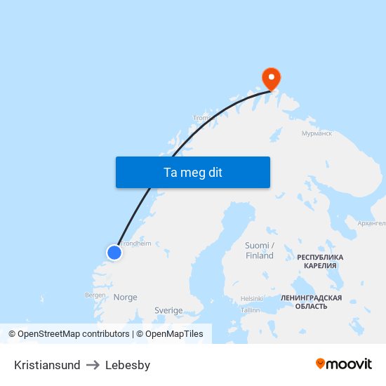 Kristiansund to Lebesby map