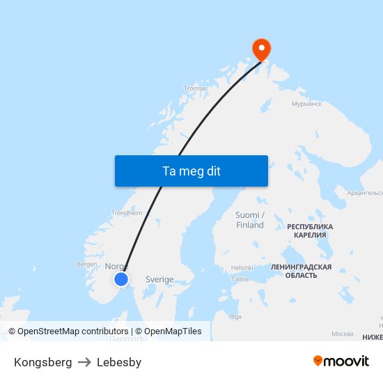 Kongsberg to Lebesby map