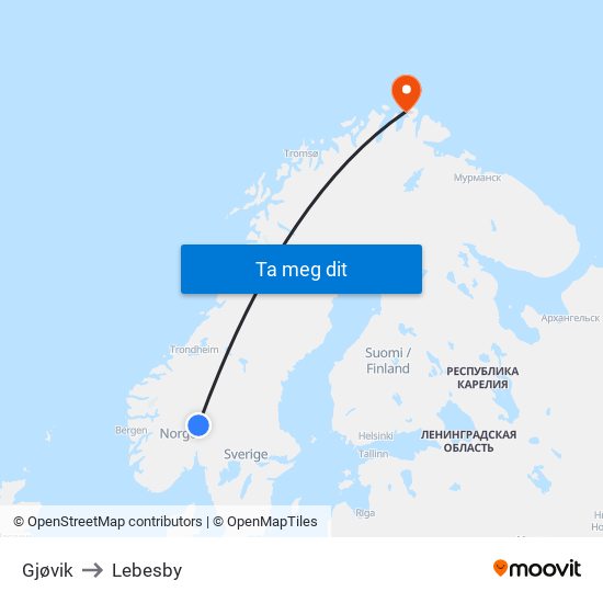 Gjøvik to Lebesby map