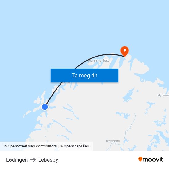 Lødingen to Lebesby map