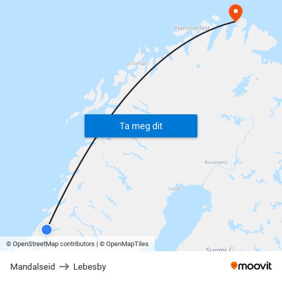 Mandalseid to Lebesby map