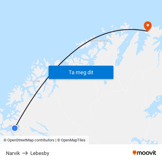 Narvik to Lebesby map