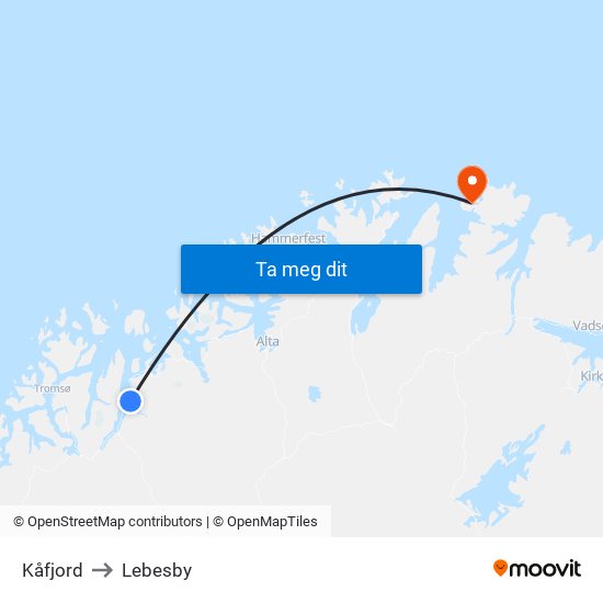 Kåfjord to Lebesby map