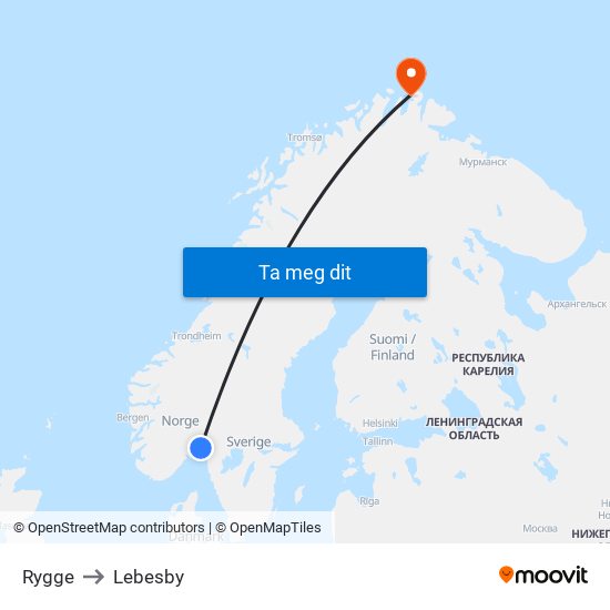 Rygge to Lebesby map