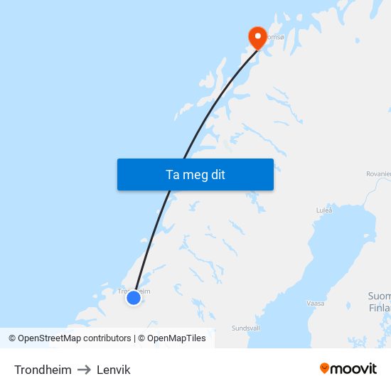 Trondheim to Lenvik map