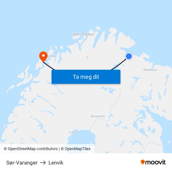 Sør-Varanger to Lenvik map