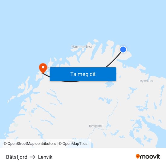 Båtsfjord to Lenvik map