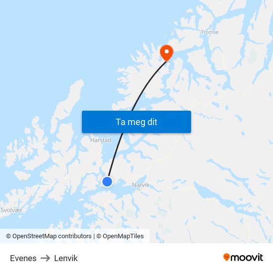 Evenes to Lenvik map