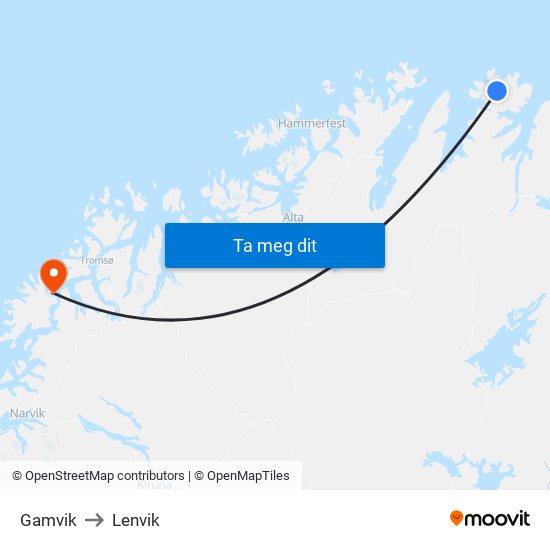Gamvik to Lenvik map