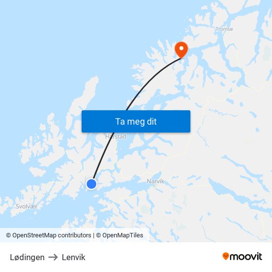 Lødingen to Lenvik map