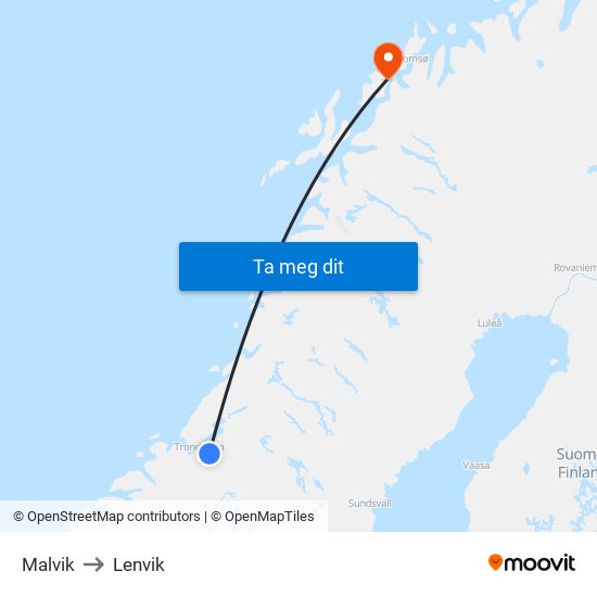 Malvik to Lenvik map