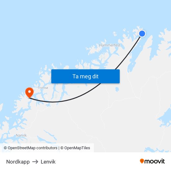 Nordkapp to Lenvik map