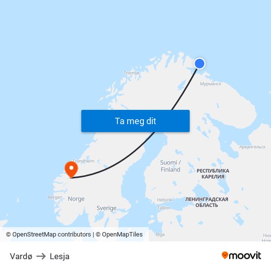 Vardø to Lesja map