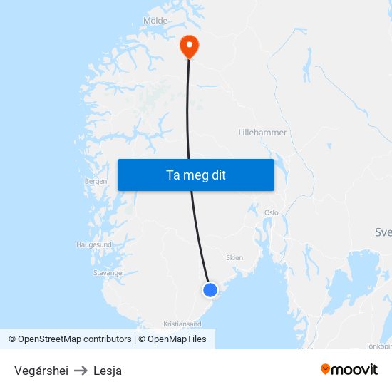 Vegårshei to Lesja map