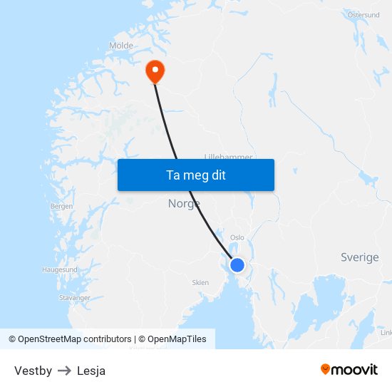 Vestby to Lesja map