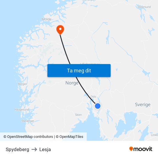 Spydeberg to Lesja map