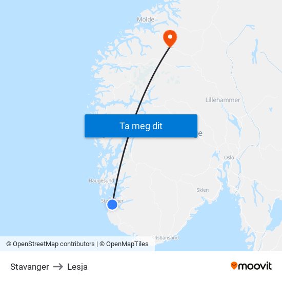 Stavanger to Lesja map