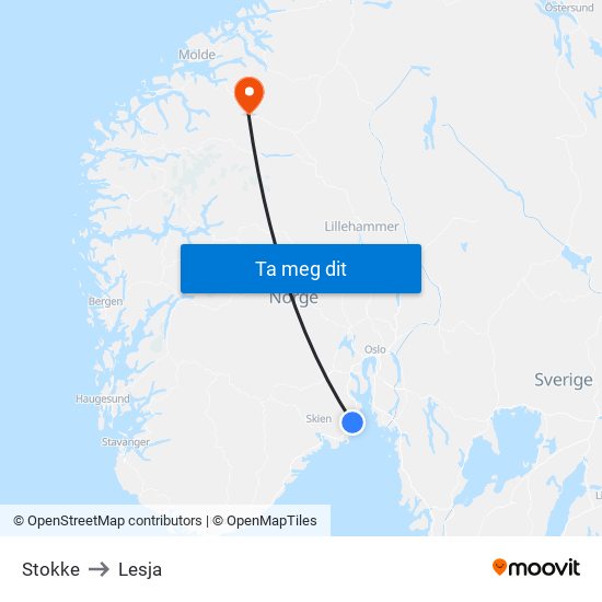 Stokke to Lesja map