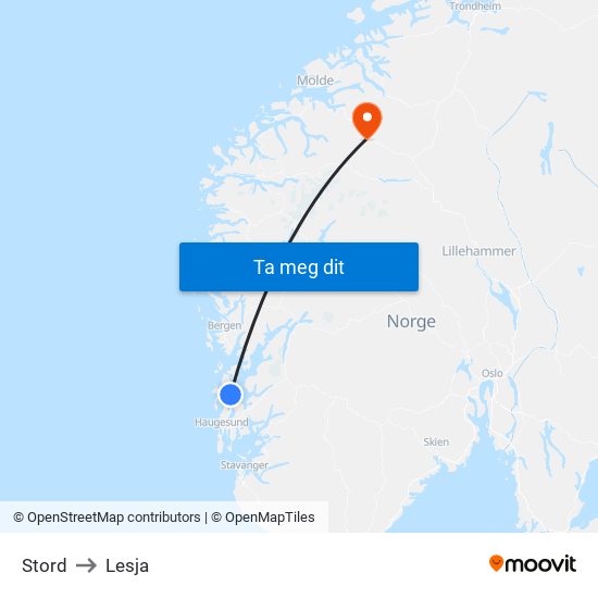 Stord to Lesja map