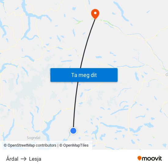 Årdal to Lesja map