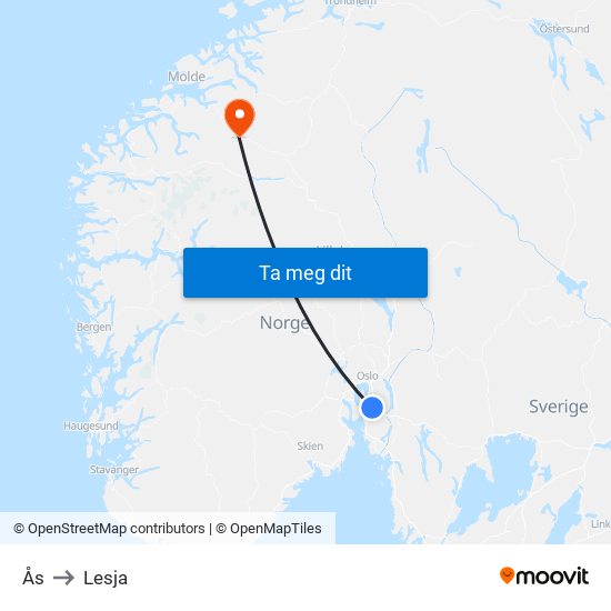 Ås to Lesja map