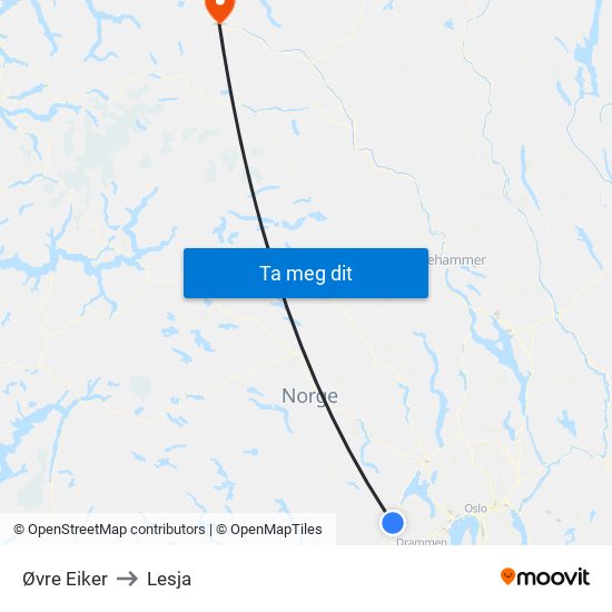Øvre Eiker to Lesja map