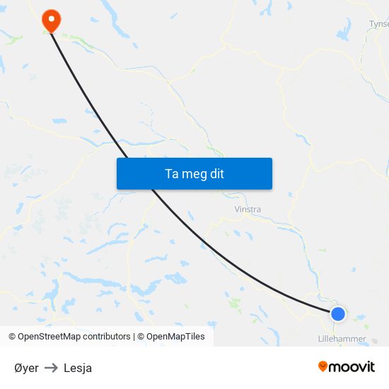 Øyer to Lesja map