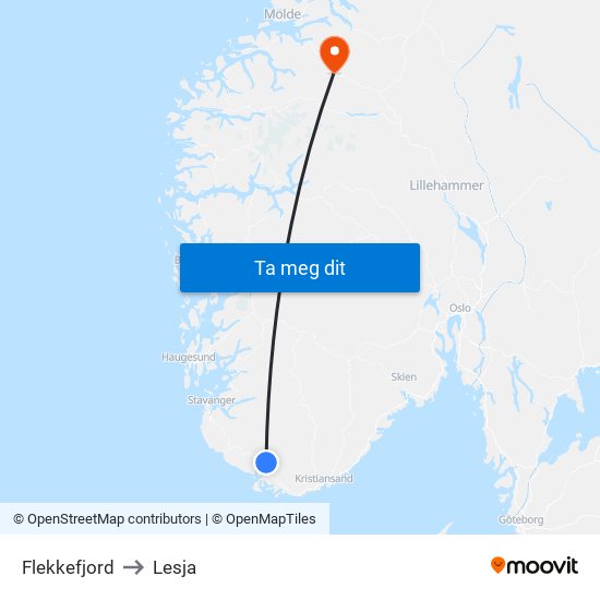 Flekkefjord to Lesja map