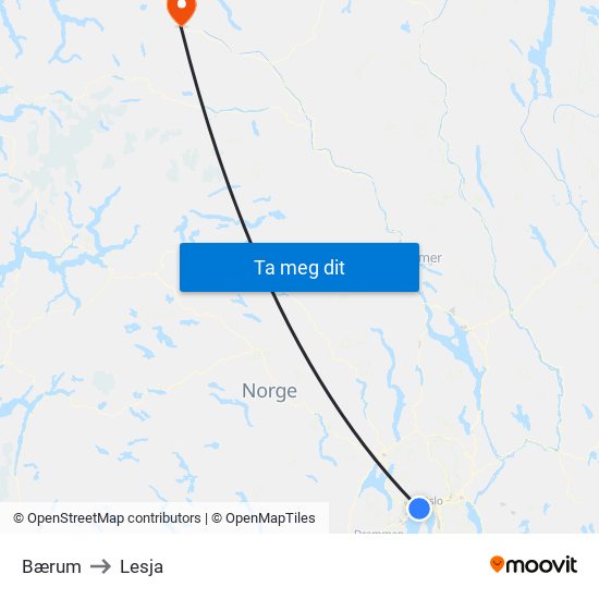 Bærum to Lesja map