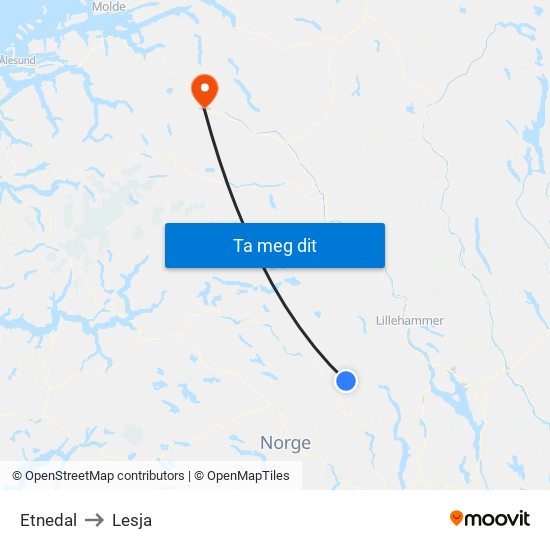 Etnedal to Lesja map