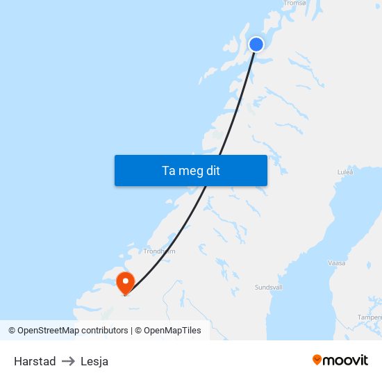 Harstad to Lesja map