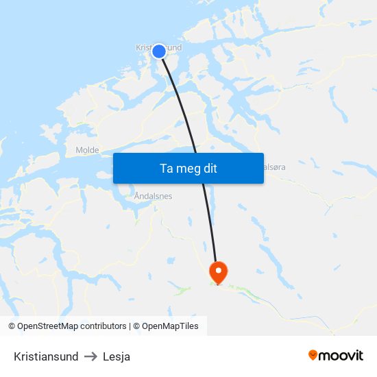 Kristiansund to Lesja map